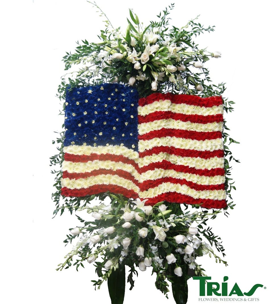 United States Flag American Flag with fresh white flower sprays