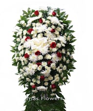 Funeral Spray -  White with Red Roses
