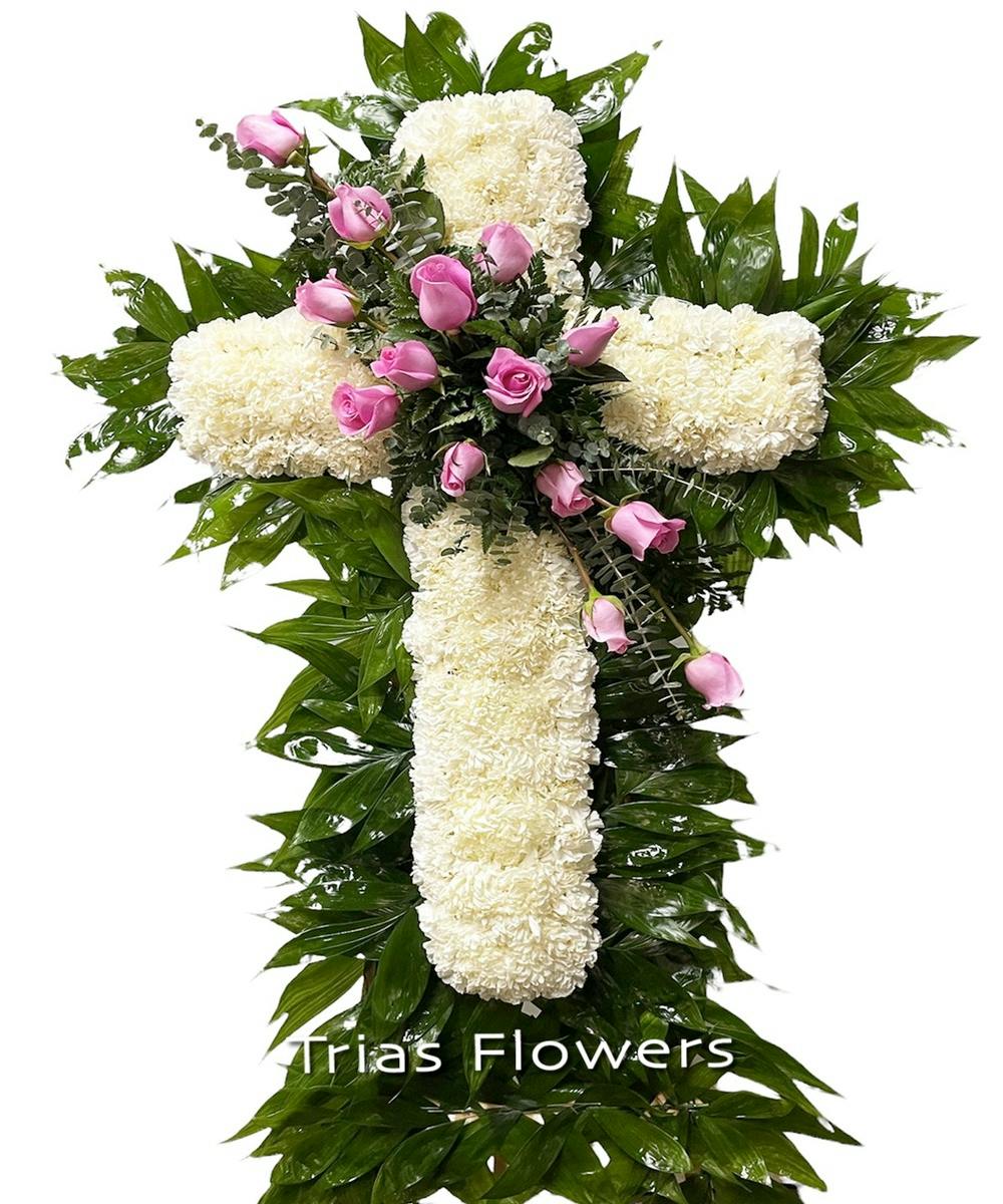 Funeral Cross Pink Roses Miami (FL) Sympathy Flowers Trias Flowers